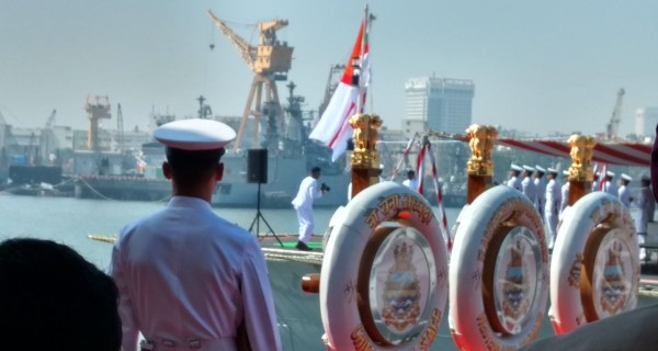 Navy officer watches as INS Chennai gets ready to get inducted